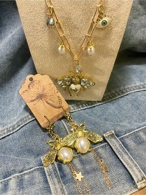 Hand Crafted Gold Bee Necklace and Earrings with White Pearls and Blue Eye Charm